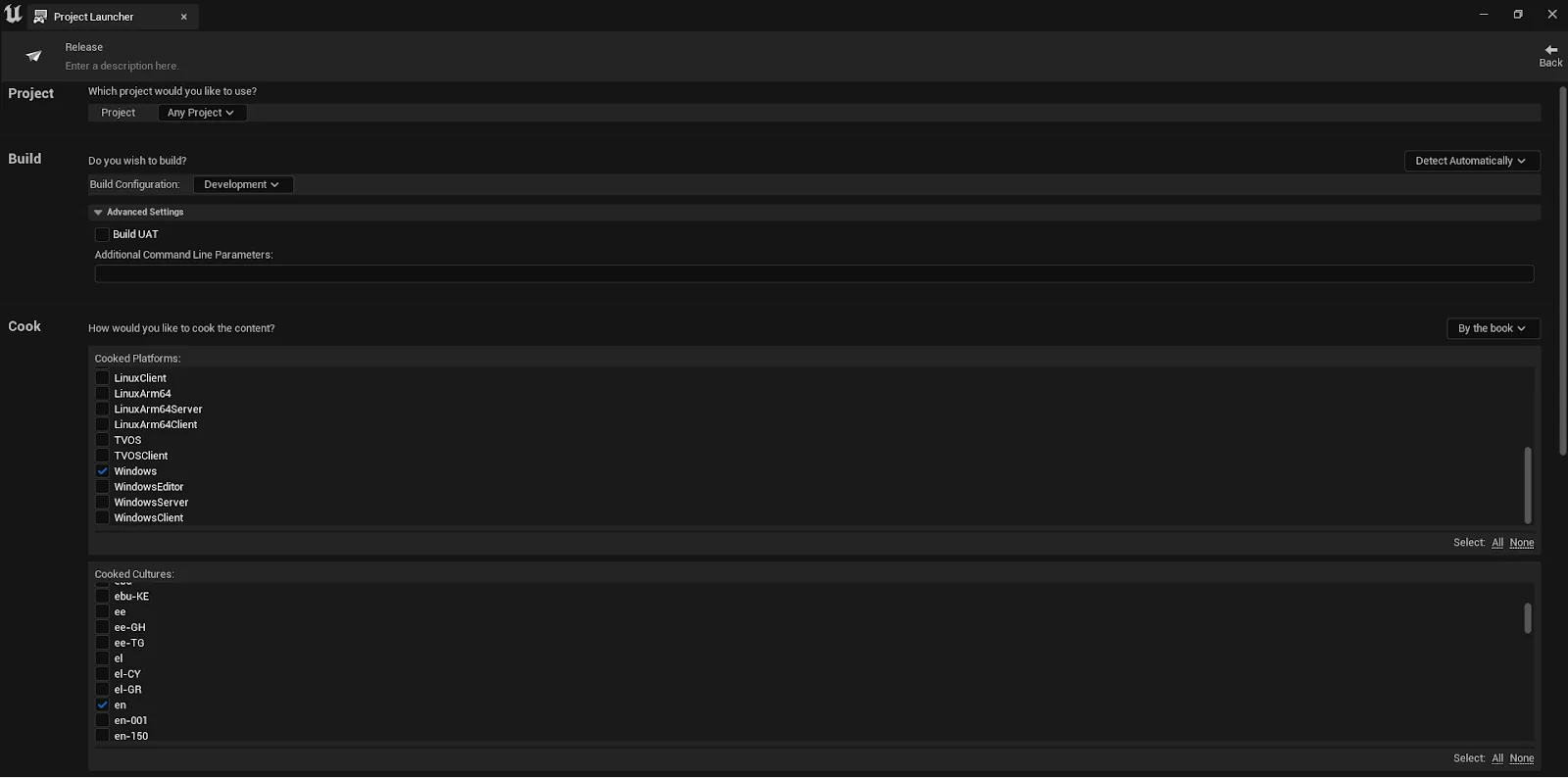 The base packaged profile in Project Launcher
