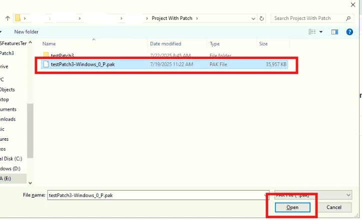Selecting the pak file to upload