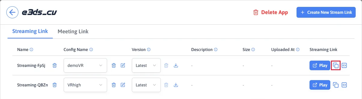 An app's Streaming Link tab, with the copy button beside the Play button highlighted