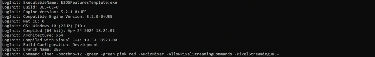 An Unreal log window showing the Command Line entry, beginning with the configuration's parameters, then the link's, then the platform's
