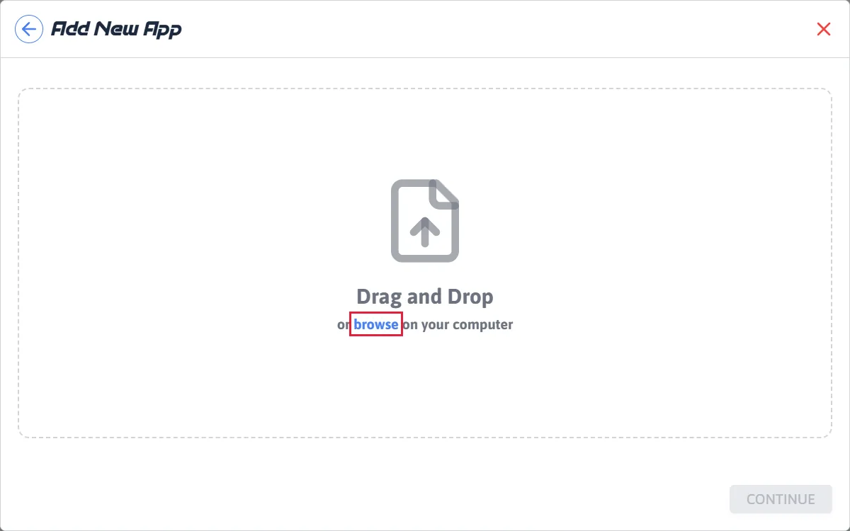 The Add New App window: drag the ZIP onto it, or press browse (highlighted) to choose it