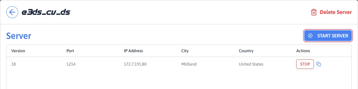 A server app's window: Start Server highlighted at the top right, and a running server listed with its version, port, IP address, city and country