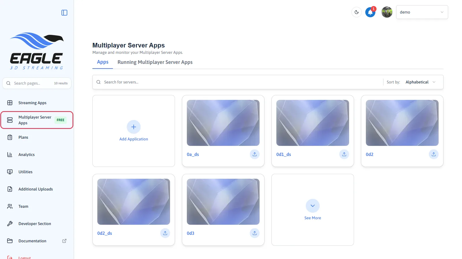 The Multiplayer Server Apps page, its sidebar entry highlighted, with the Apps and Running Multiplayer Server Apps tabs and the Add Application card first in the grid