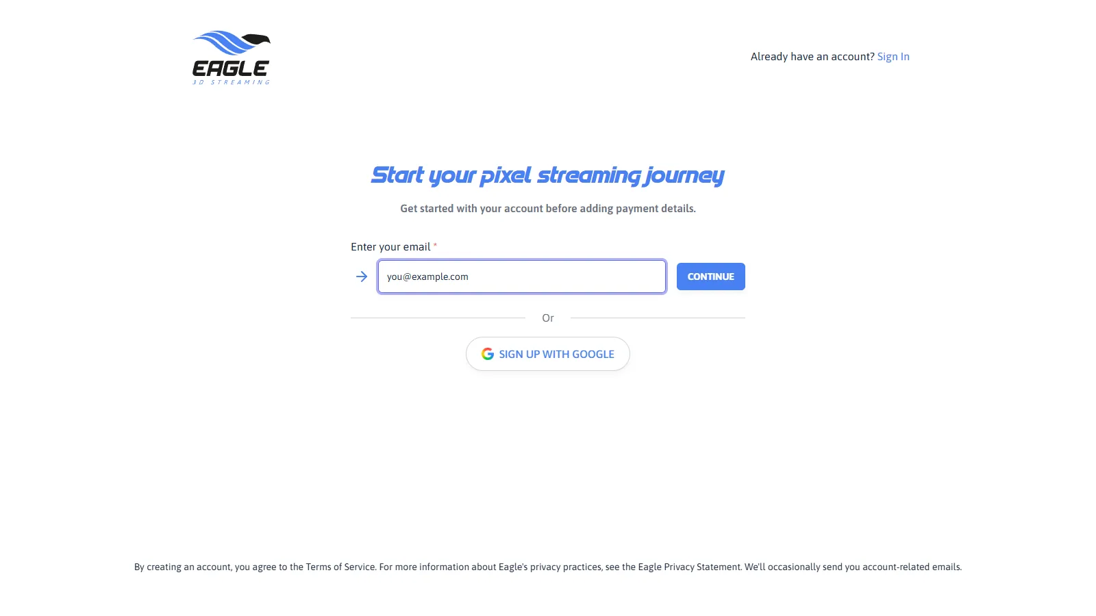 The sign-up form with an email address typed in, before pressing CONTINUE
