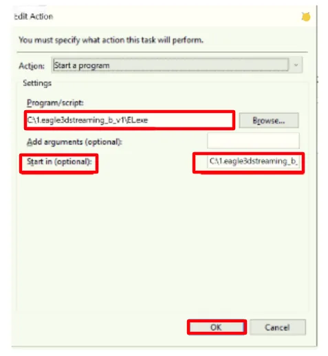Setting the action to run EL.exe with a start-in folder