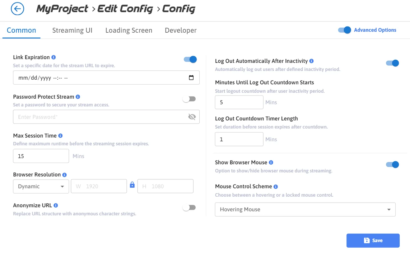 The 2024 Edit Config page, Common tab, with a blue information icon beside each setting