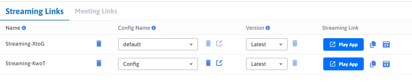The 2024 Streaming Links list, with information icons beside the Name, Config Name and Version headings