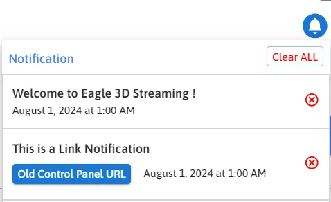 The notification list under the bell icon: a plain message and one with a link button, each with a dismiss icon, and Clear All at the top