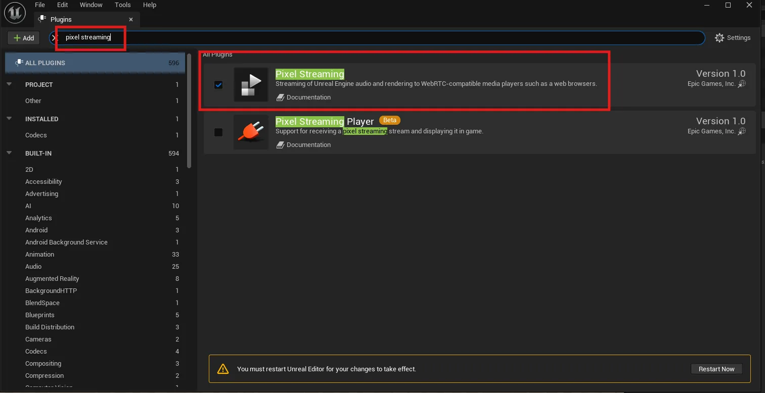 Enabling the Pixel Streaming plugin