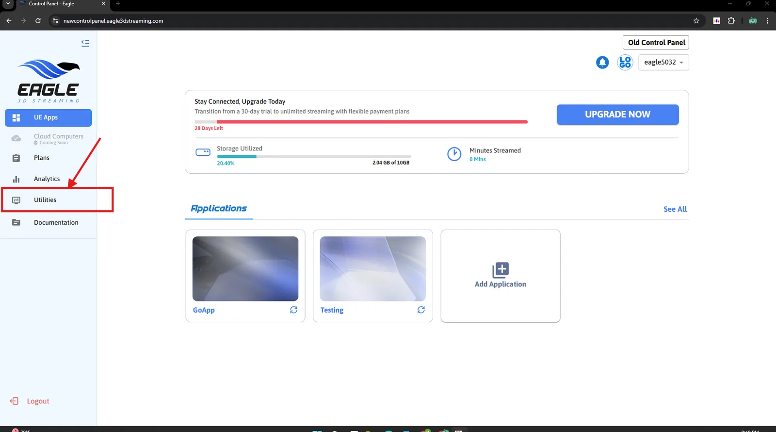 The Utilities item in the Control Panel sidebar