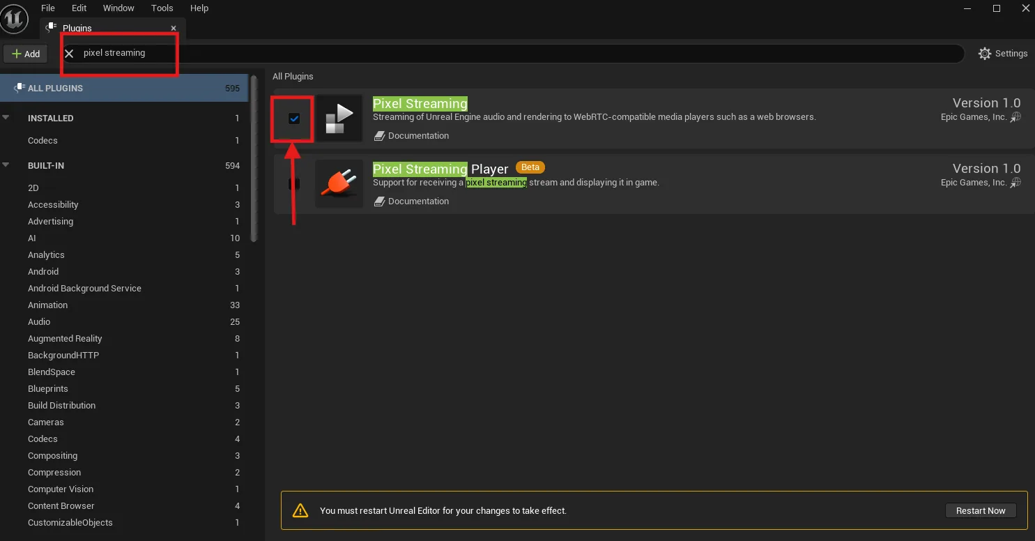 Enabling the Pixel Streaming plugin in Unreal's plugin browser