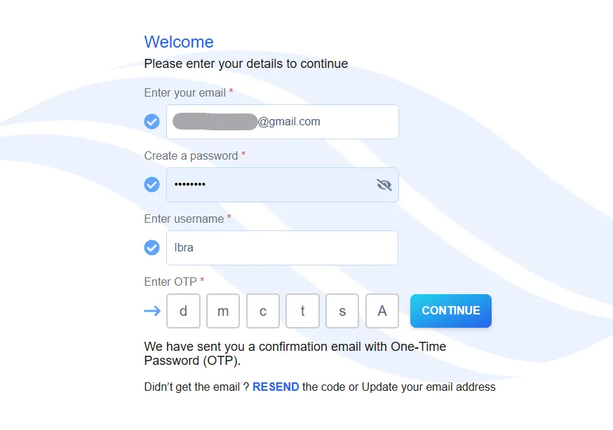 Entering the one-time code sent by email