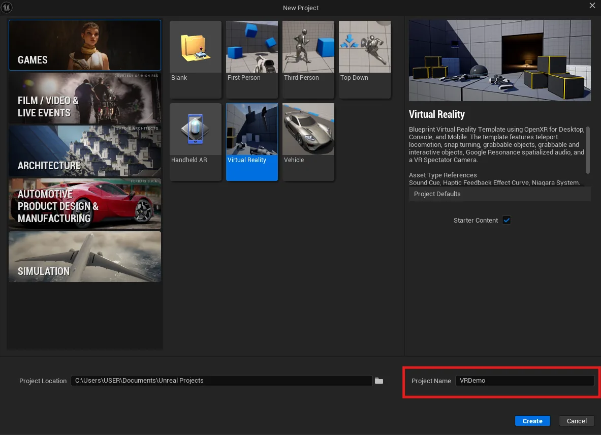 The Unreal New Project dialog with the Virtual Reality template selected under Games and the project named VRDemo