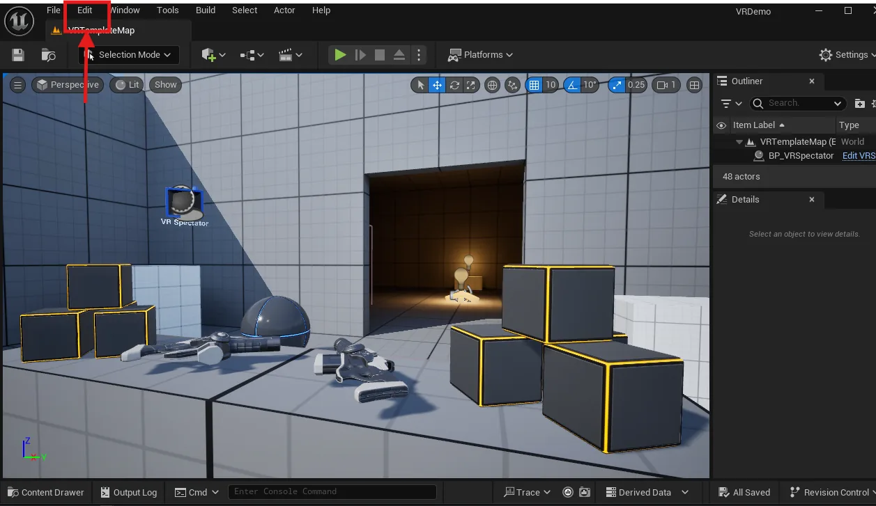 The Unreal editor with the Edit menu highlighted in the top menu bar