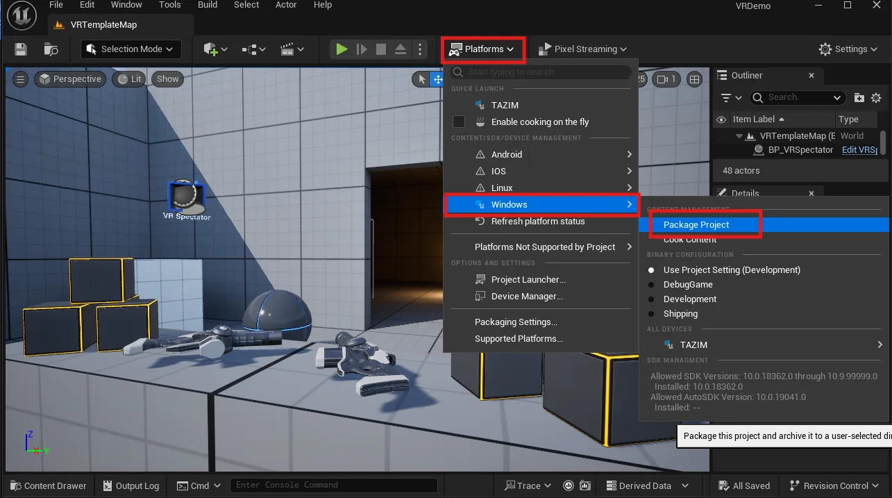 The Platforms menu open with Windows and then Package Project highlighted