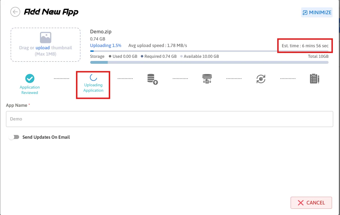 The application uploading, with an estimated time