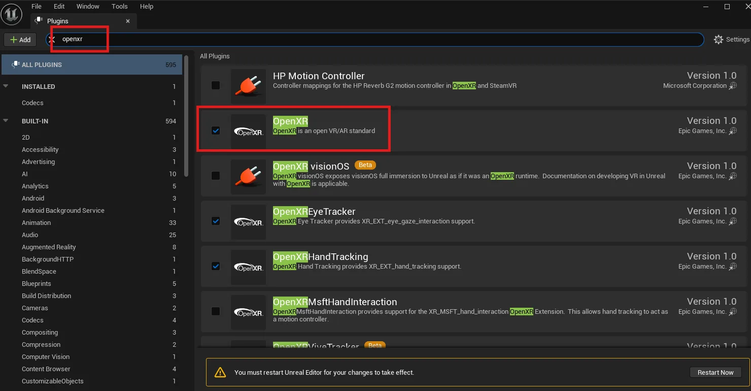 The Plugins window searched for openxr, with the OpenXR plugin highlighted and the Restart Now banner at the bottom