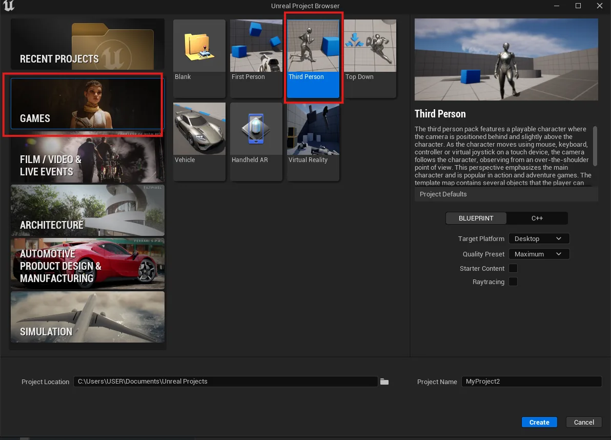 Choosing the Third Person template in the Unreal project browser