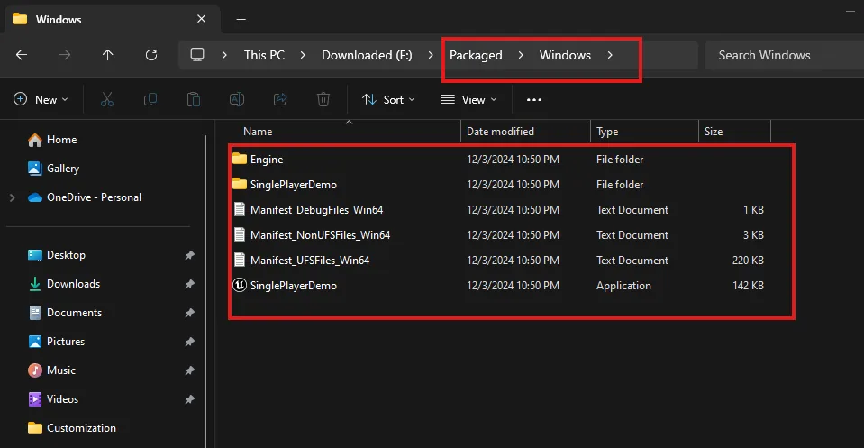 The packaged build's Windows folder, containing the executable