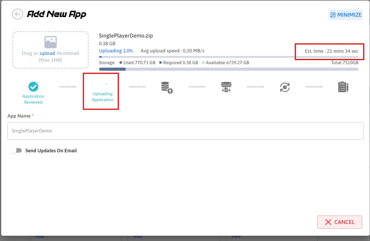 The application uploading, with an estimated time