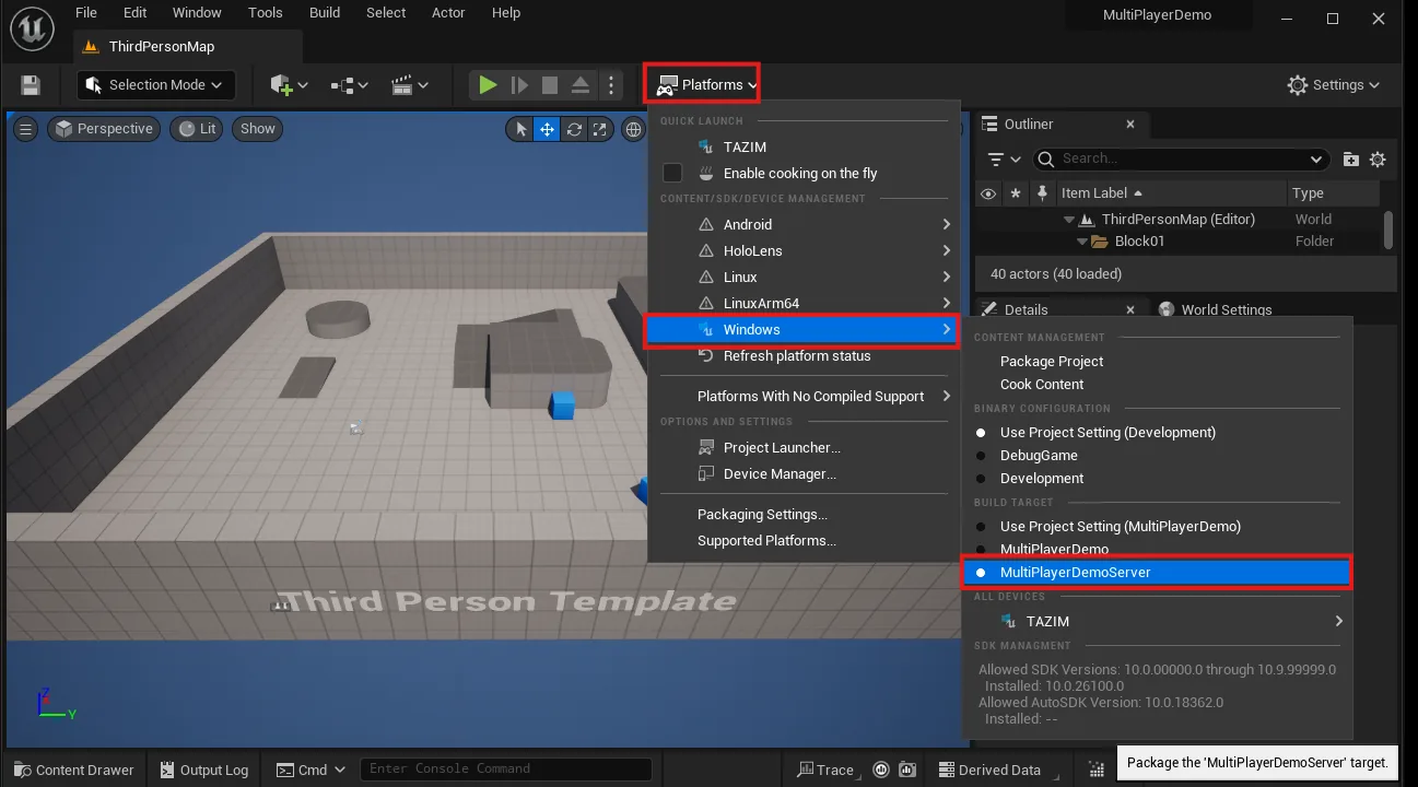 Selecting the server build target