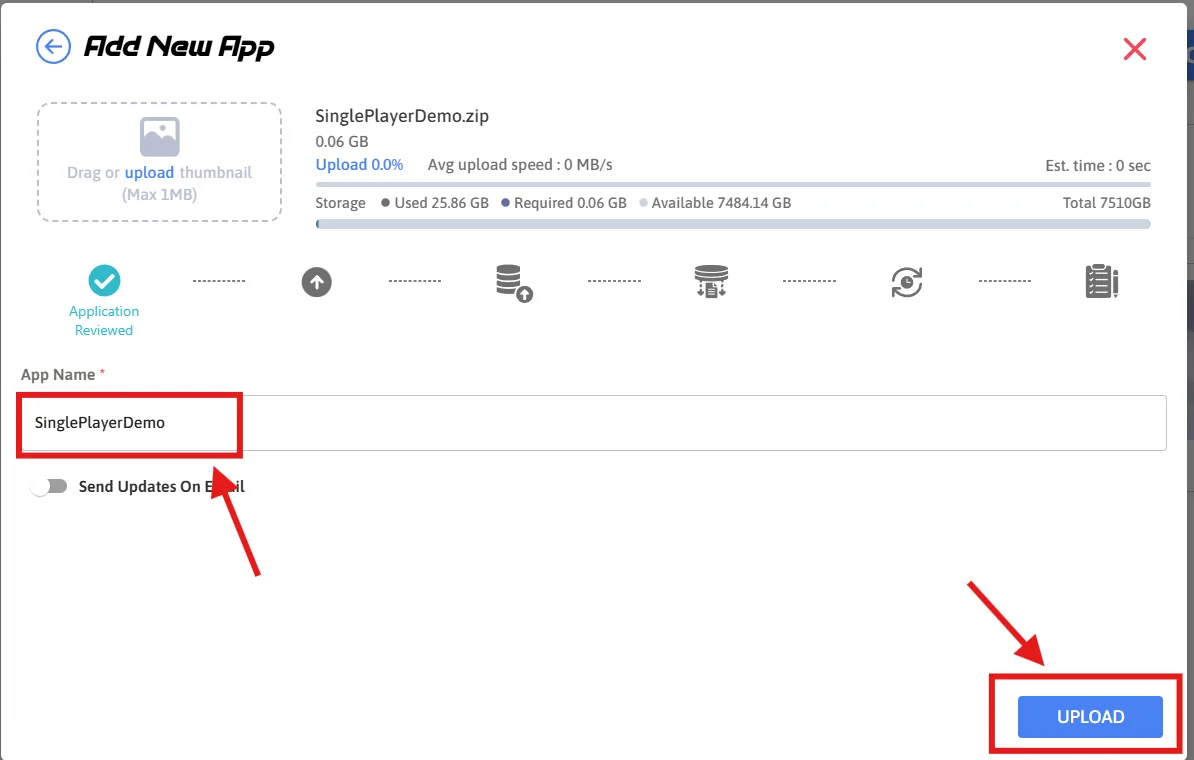 Naming the application and pressing upload