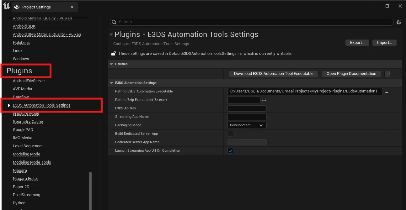 E3DS Automation Tools Settings in Project Settings