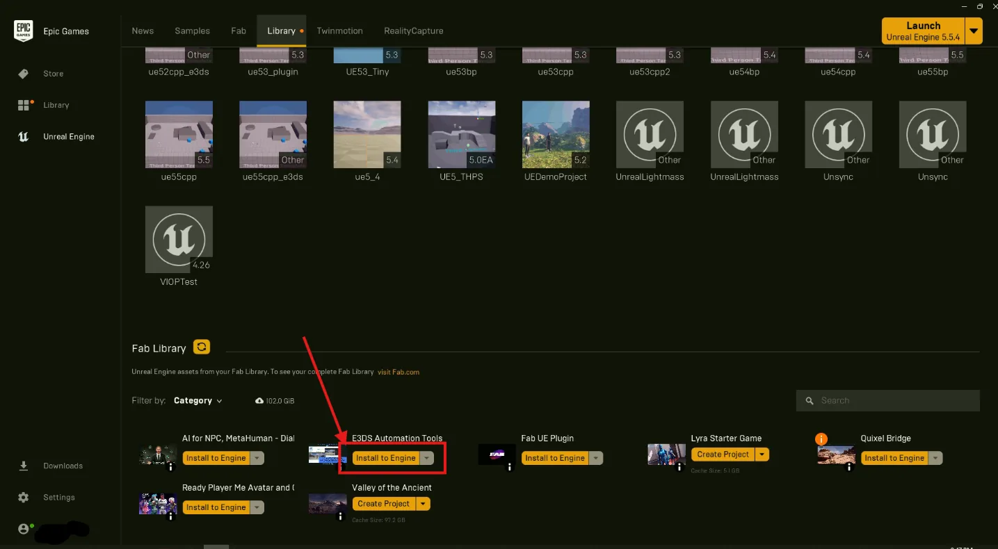 Installing the plugin from the Epic Games Launcher library