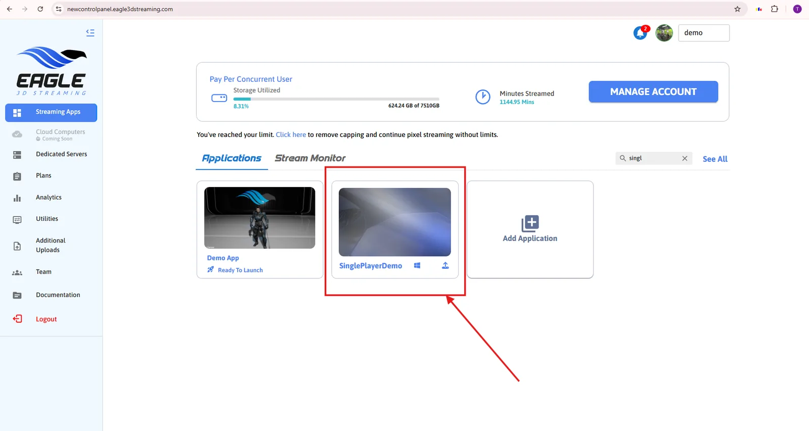 Selecting an application in the Control Panel