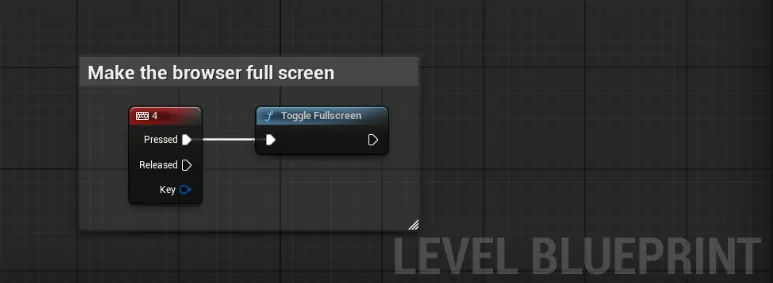 The Toggle Fullscreen node wired to a key press