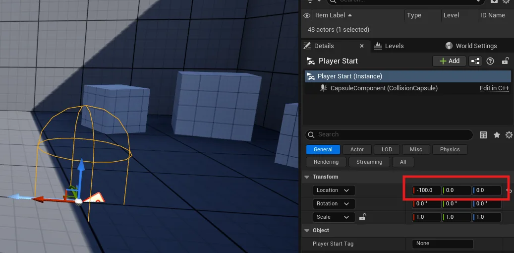 The Player Start actor selected, its capsule reaching below the floor, with Location set to -100, 0, 0 in the Details panel