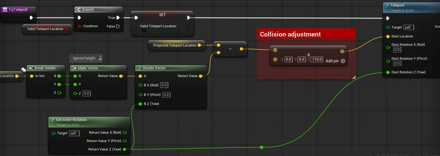 The TryTeleport Blueprint in VRPawn, with a Collision adjustment node adding 0, 0, 110 to the location before the Teleport node