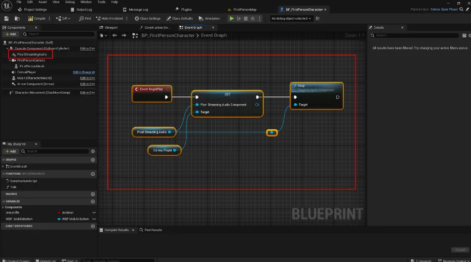 The audio nodes added to the character Blueprint