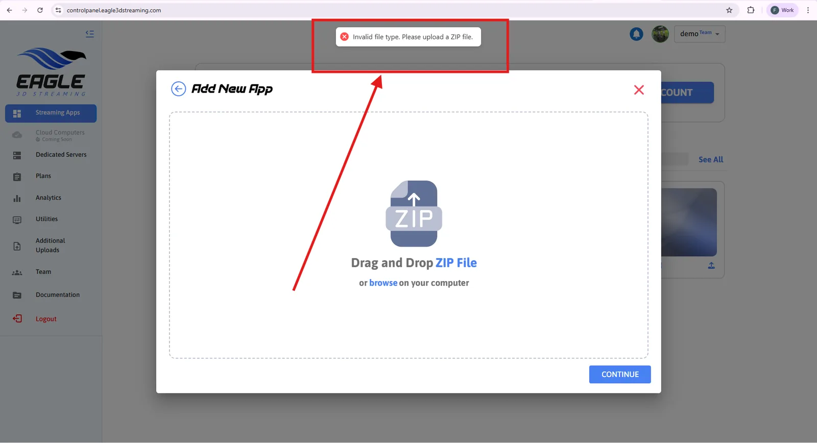 The Invalid File Type message shown for a non-ZIP file