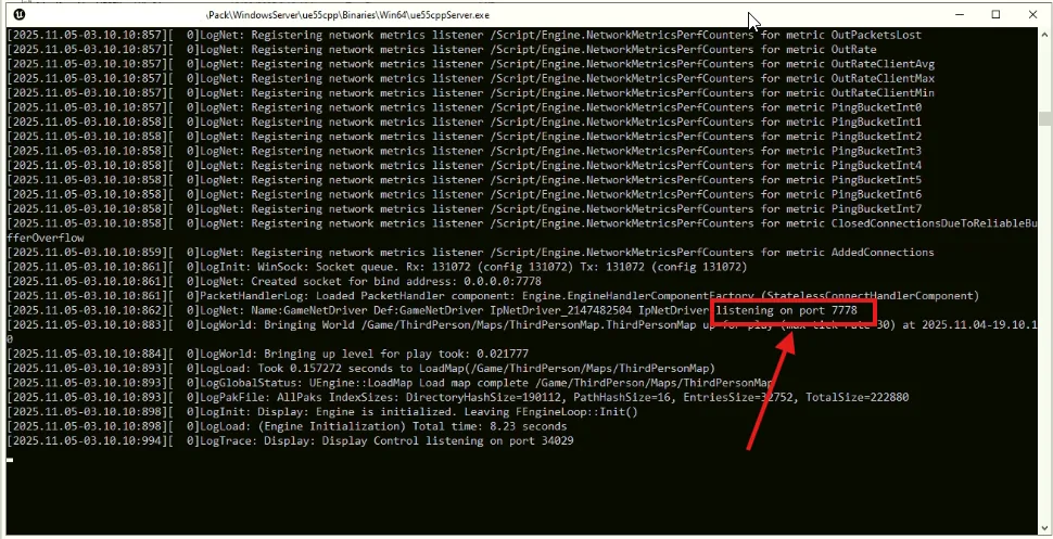 The server log showing its listening port
