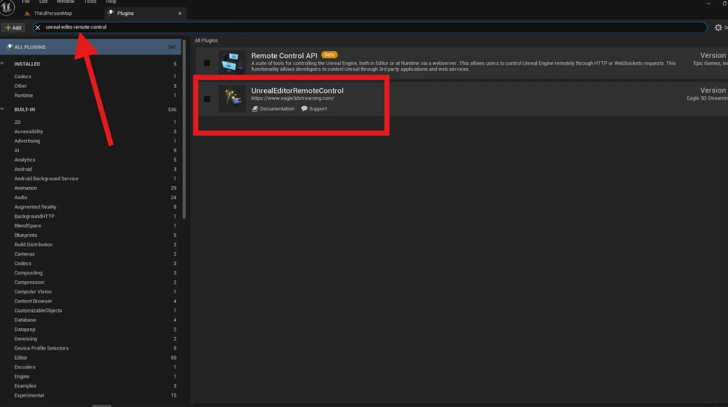 Searching for the Unreal Editor Remote Control plugin