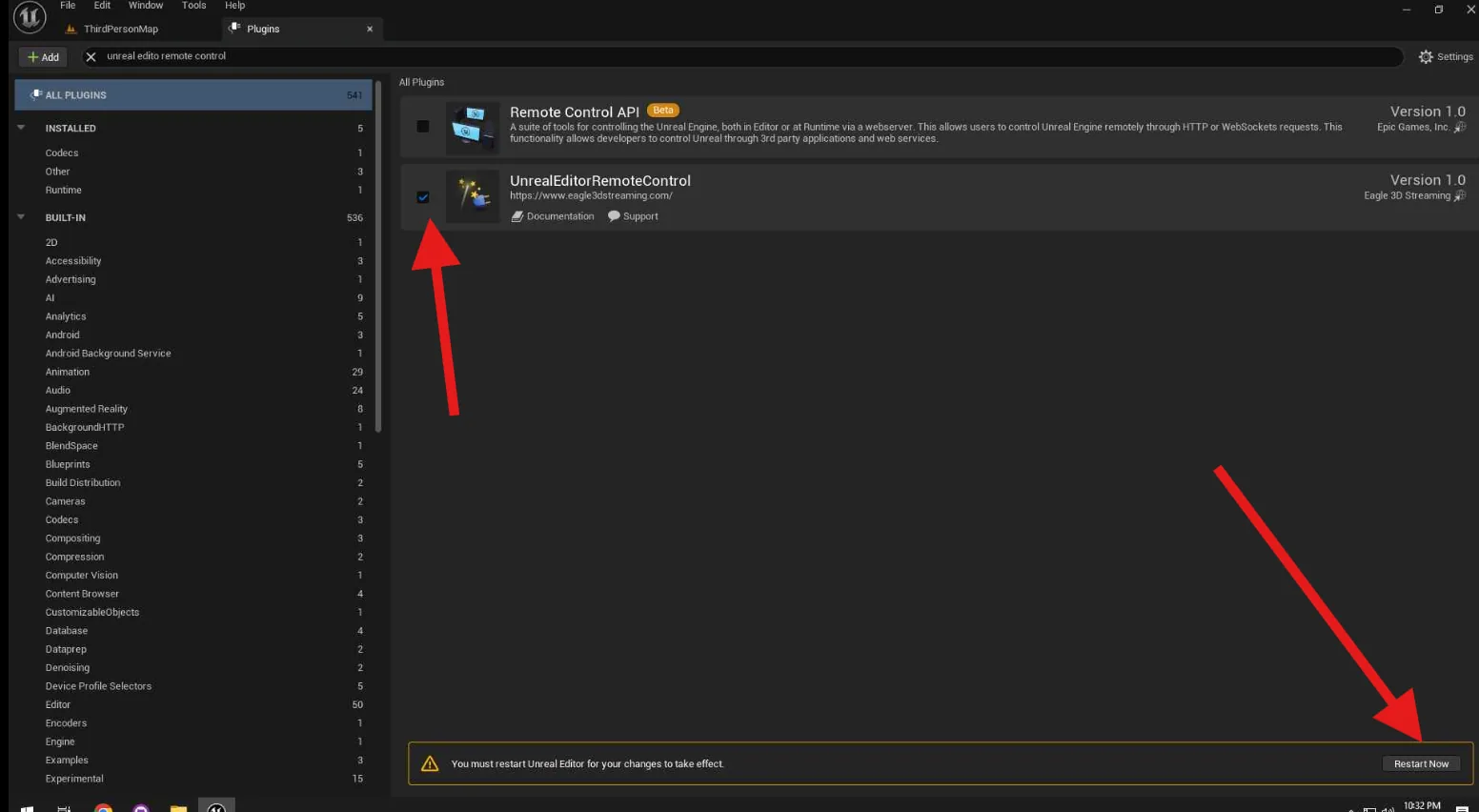 Enabling the plugin in the Plugins window