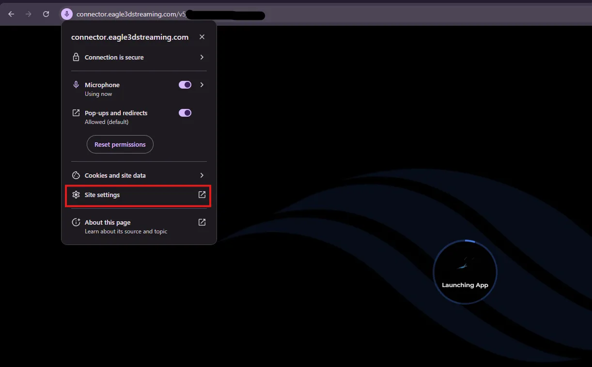 Opening site settings from the address bar