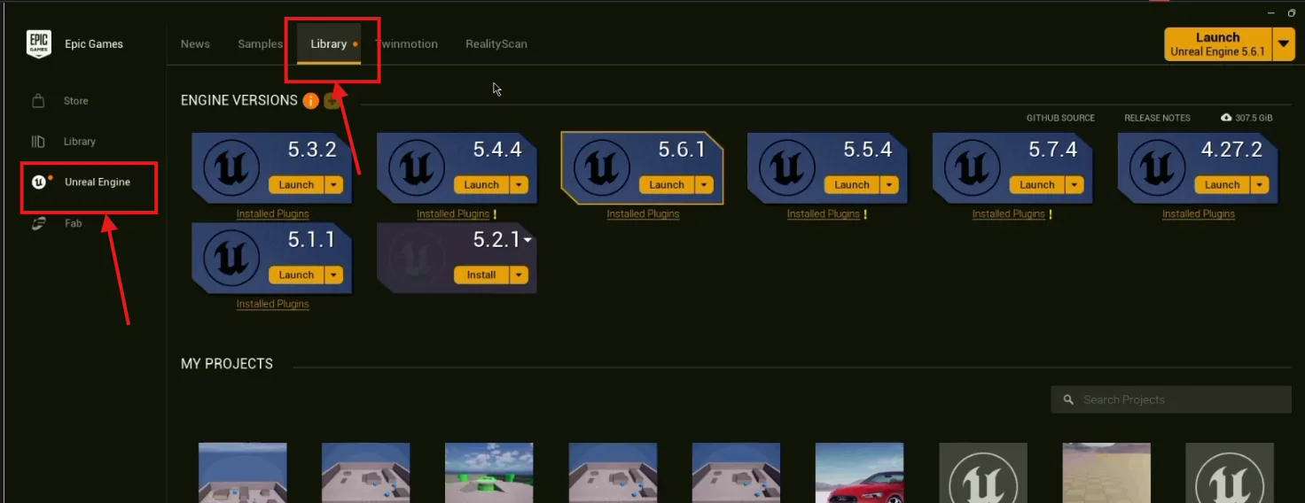 The Unreal Engine library in the Epic Games Launcher