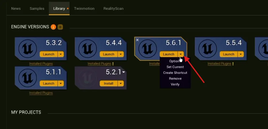 The drop-down menu beside the 5.6.1 Launch button, with Options at the top