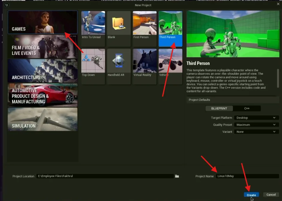 The Unreal New Project dialog with the Third Person template selected under Games