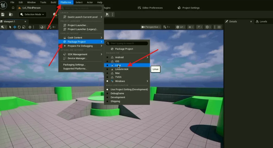 The Platforms menu in Unreal 5.6 with Package Project and then Linux highlighted, LinuxArm64 listed just below