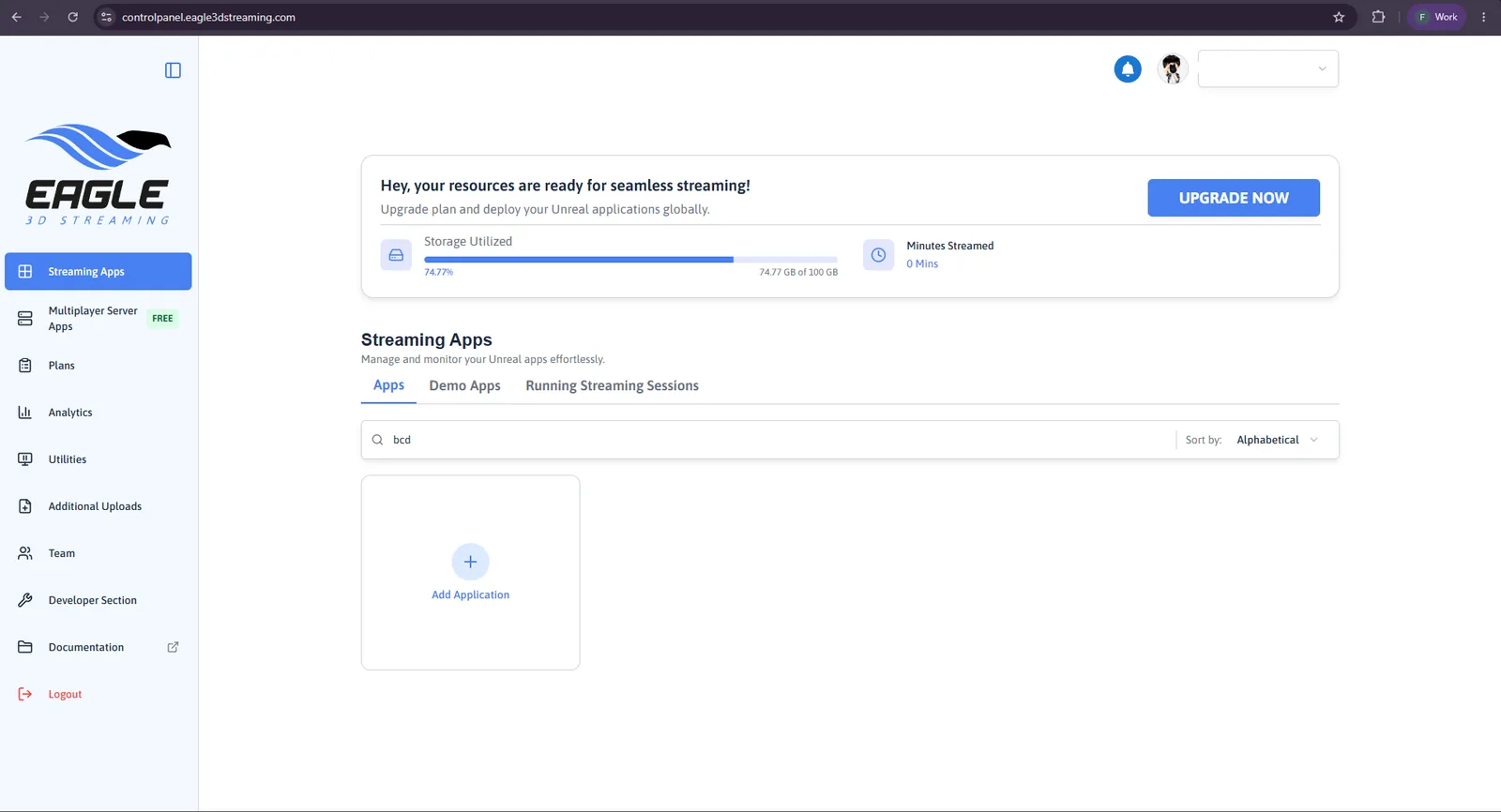 The Control Panel home page: Streaming Apps, with storage used and minutes streamed at the top and the side panel on the left