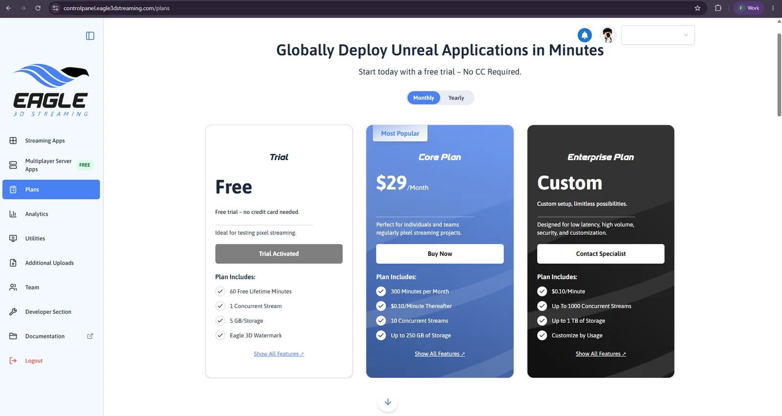 The Plans page of the Control Panel: Trial (free), Core Plan ($29 a month) and Enterprise Plan (custom)