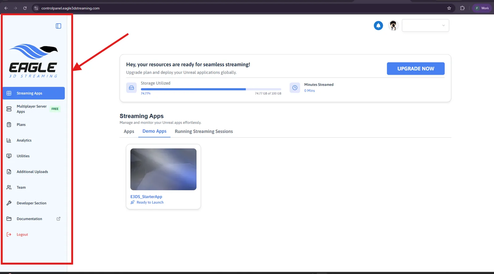 The Control Panel with the side panel expanded and highlighted: Streaming Apps, Multiplayer Server Apps, Plans, Analytics, Utilities, Additional Uploads, Team, Developer Section, Documentation and Logout