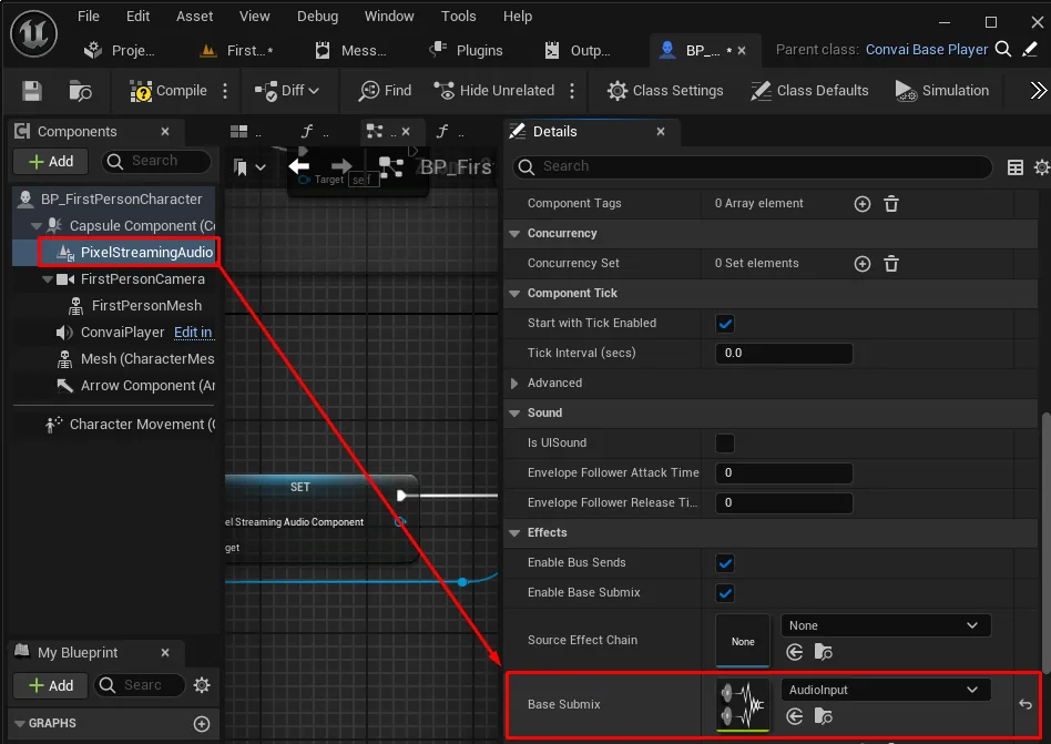 Setting the PixelStreamingAudio component's Base Submix to AudioInput