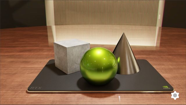 NVIDIA Omniverse USD Viewer: a cube, a green sphere and a cone on an RTX mat